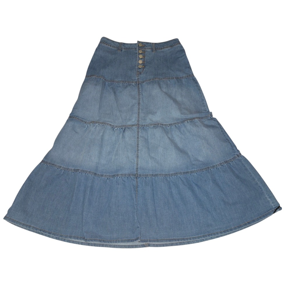 Cato NEW Denim Chambray Tiered Maxi Skirt Womens 8 Medium Wash Button Fly A-Line